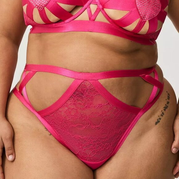 Torrid Thong 2X -Hot Pink High Leg Panty Strappy Tanga Rhinestone Heart Plus New - Picture 1 of 3